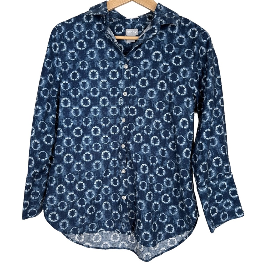 Chico's‎ Blue White Tie Dye Button Up Blouse Women's Size S Coastal Resort
